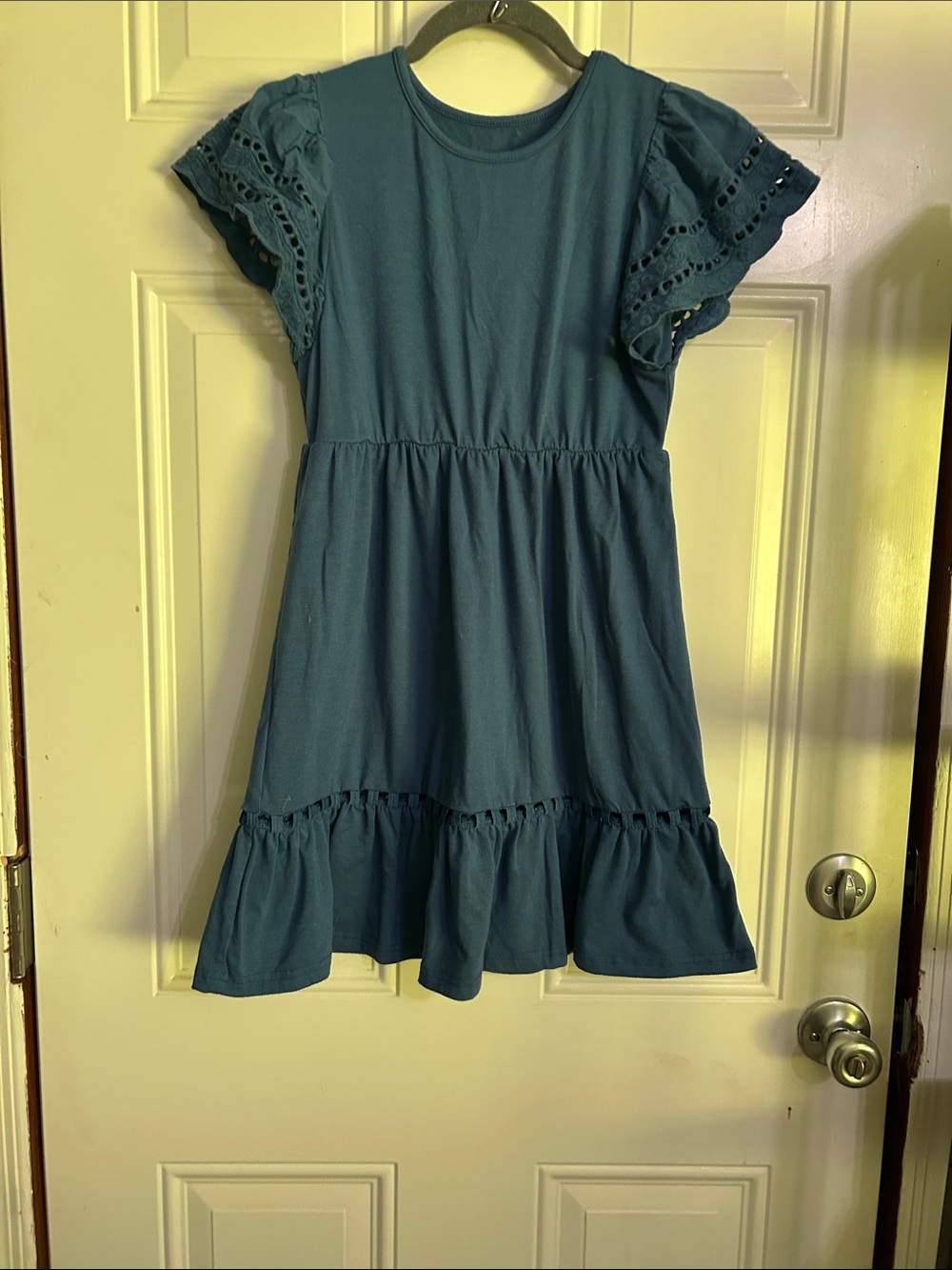 Girls' Teal Ruffle Hem Cotton Dress